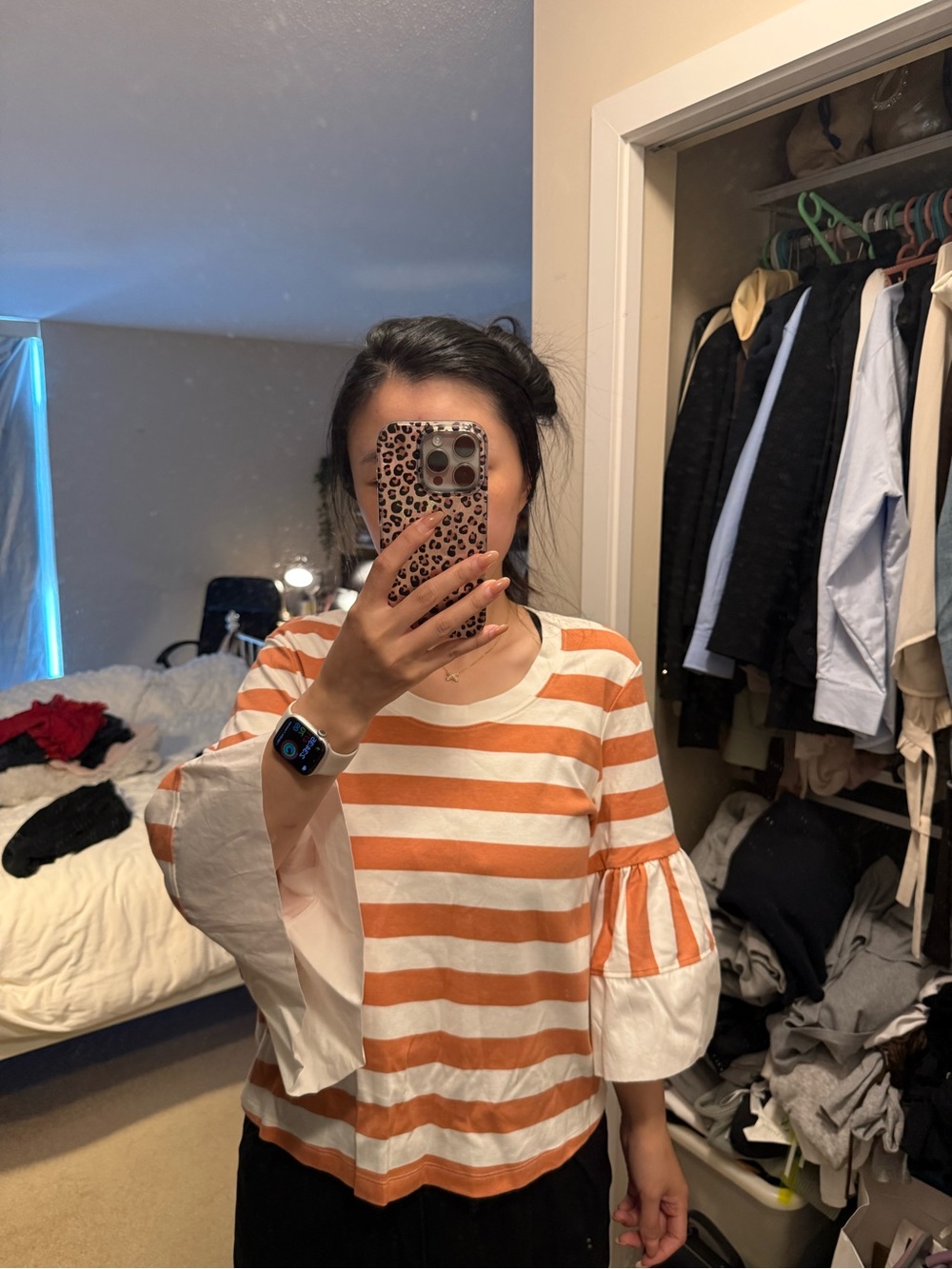 See By Chloe Orange and White Striped Bell-Sleeve Top